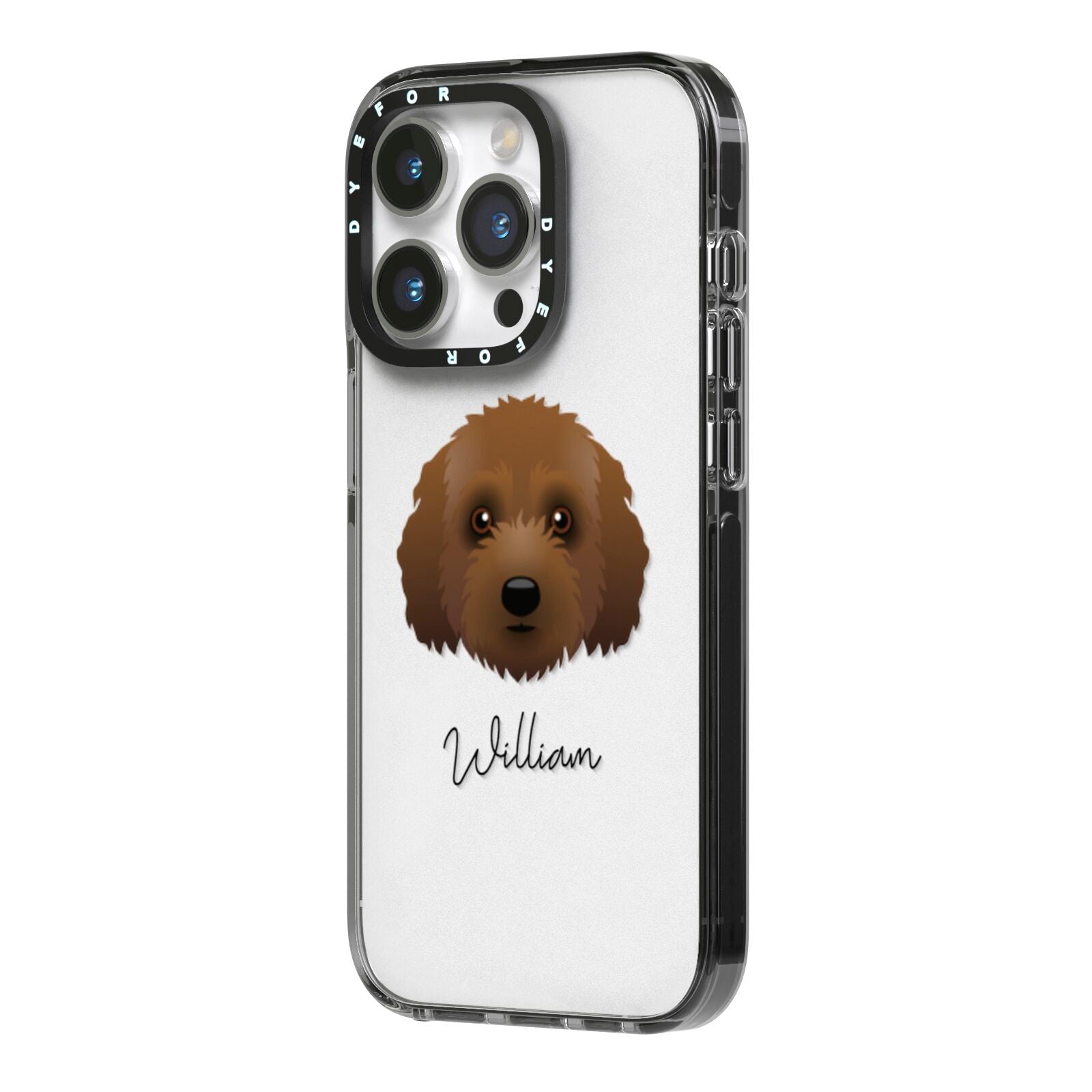 Australian Labradoodle Personalised iPhone 14 Pro Black Impact Case Side Angle on Silver phone