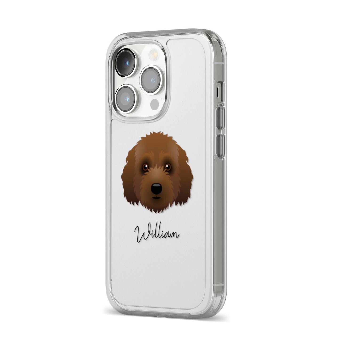 Australian Labradoodle Personalised iPhone 14 Pro Clear Tough Case Silver Angled Image