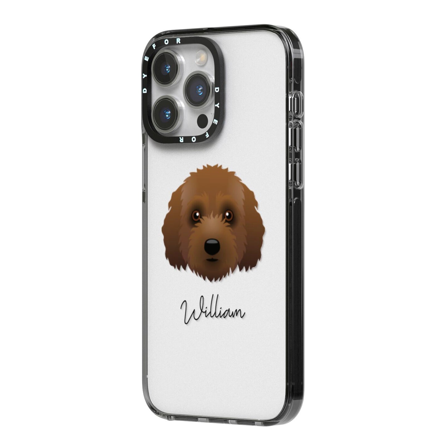 Australian Labradoodle Personalised iPhone 14 Pro Max Black Impact Case Side Angle on Silver phone