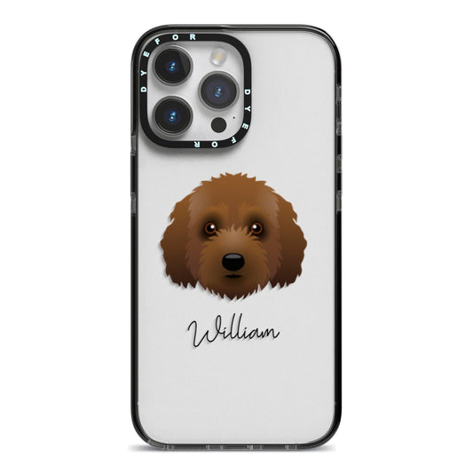 Australian Labradoodle Personalised iPhone 14 Pro Max Black Impact Case on Silver phone