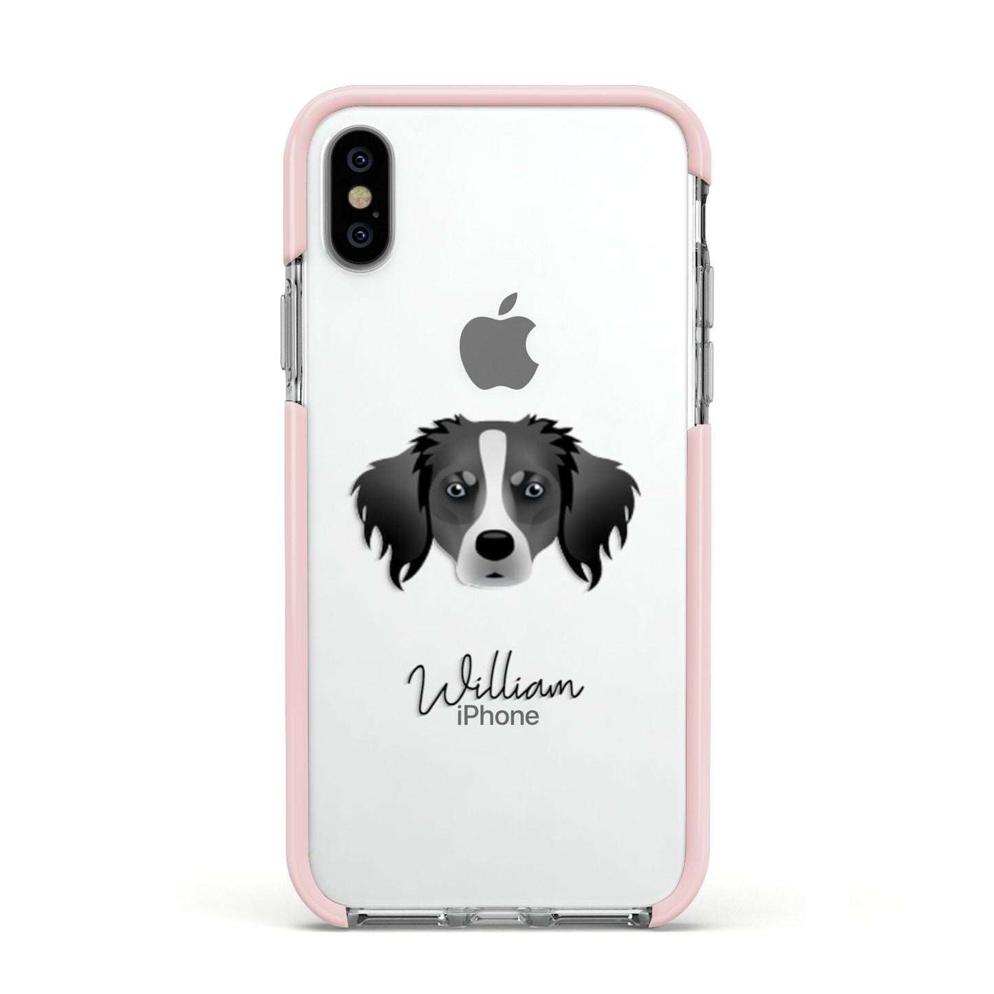 Australian Shepherd Personalised Apple iPhone Xs Impact Case Pink Edge on Silver Phone