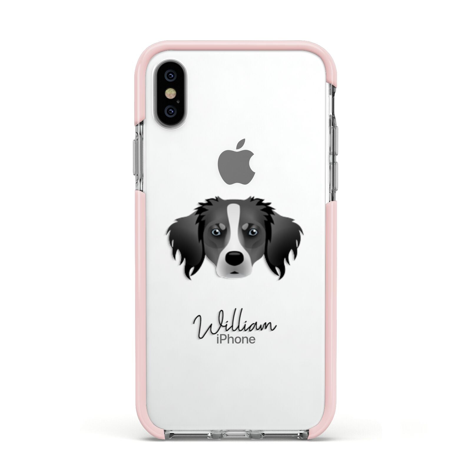 Australian Shepherd Personalised Apple iPhone Xs Impact Case Pink Edge on Silver Phone