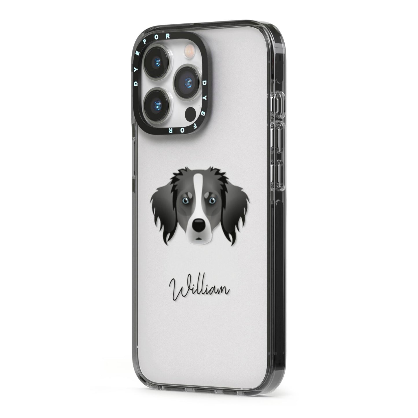 Australian Shepherd Personalised iPhone 13 Pro Black Impact Case Side Angle on Silver phone
