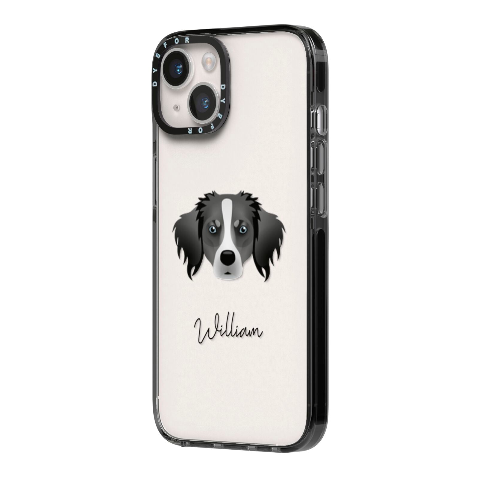 Australian Shepherd Personalised iPhone 14 Black Impact Case Side Angle on Silver phone