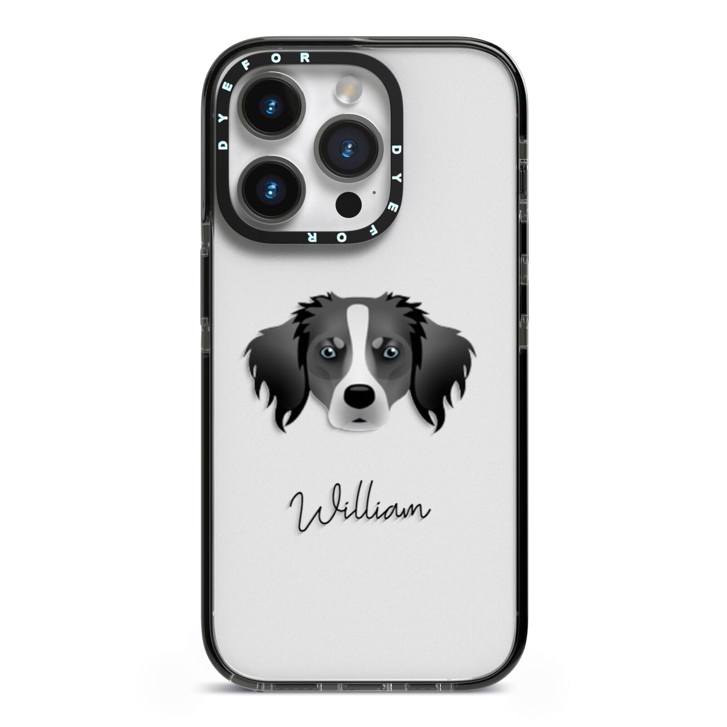 Australian Shepherd Personalised iPhone 14 Pro Black Impact Case on Silver phone