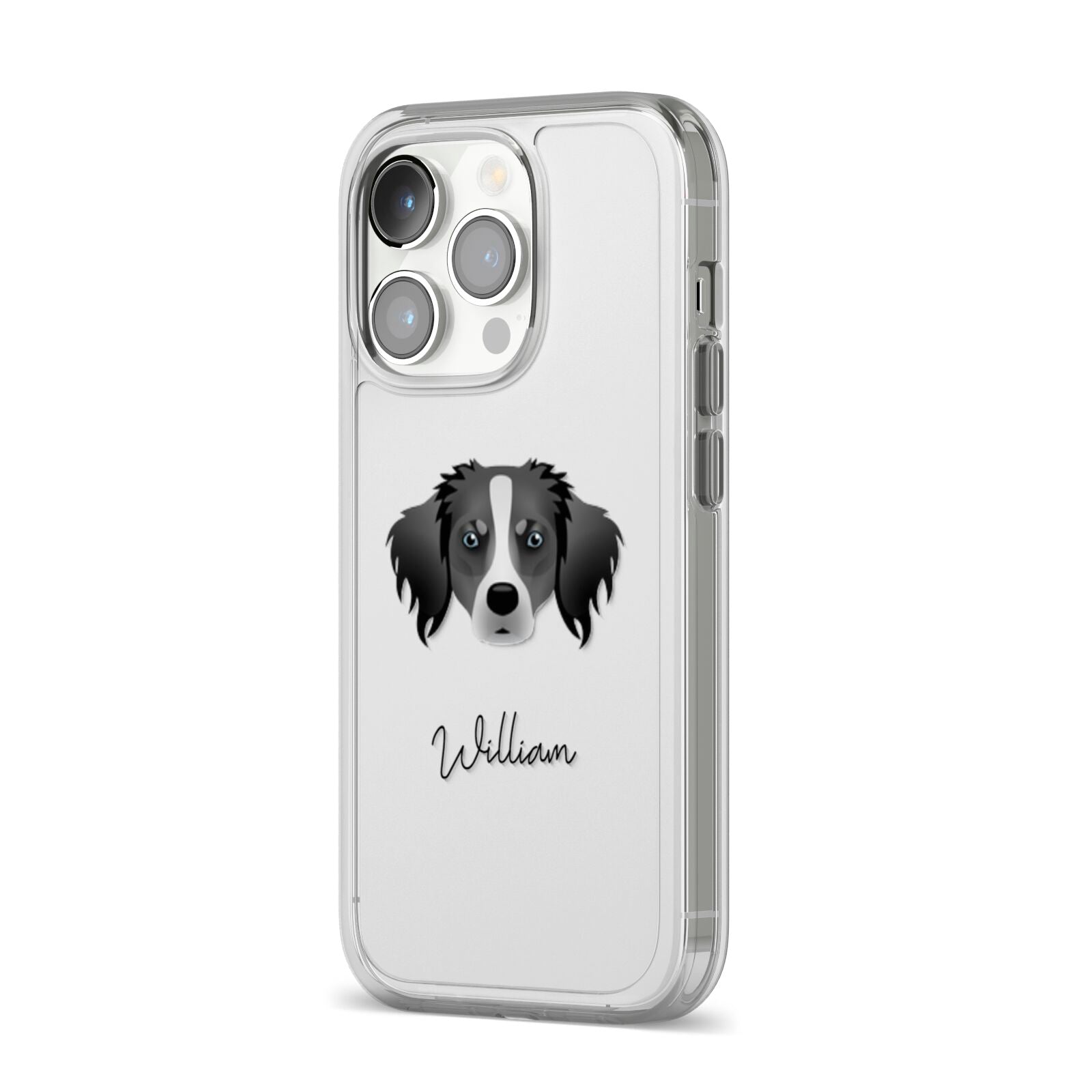 Australian Shepherd Personalised iPhone 14 Pro Clear Tough Case Silver Angled Image