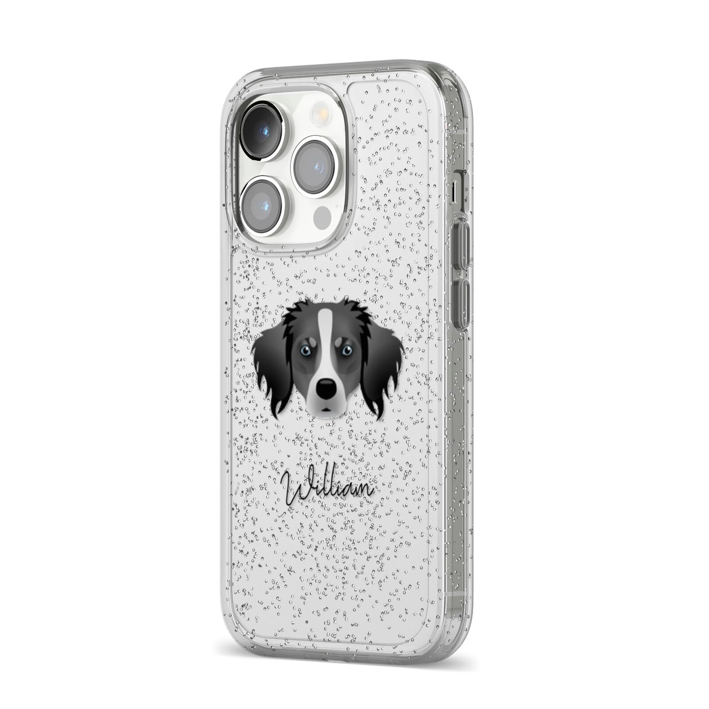 Australian Shepherd Personalised iPhone 14 Pro Glitter Tough Case Silver Angled Image