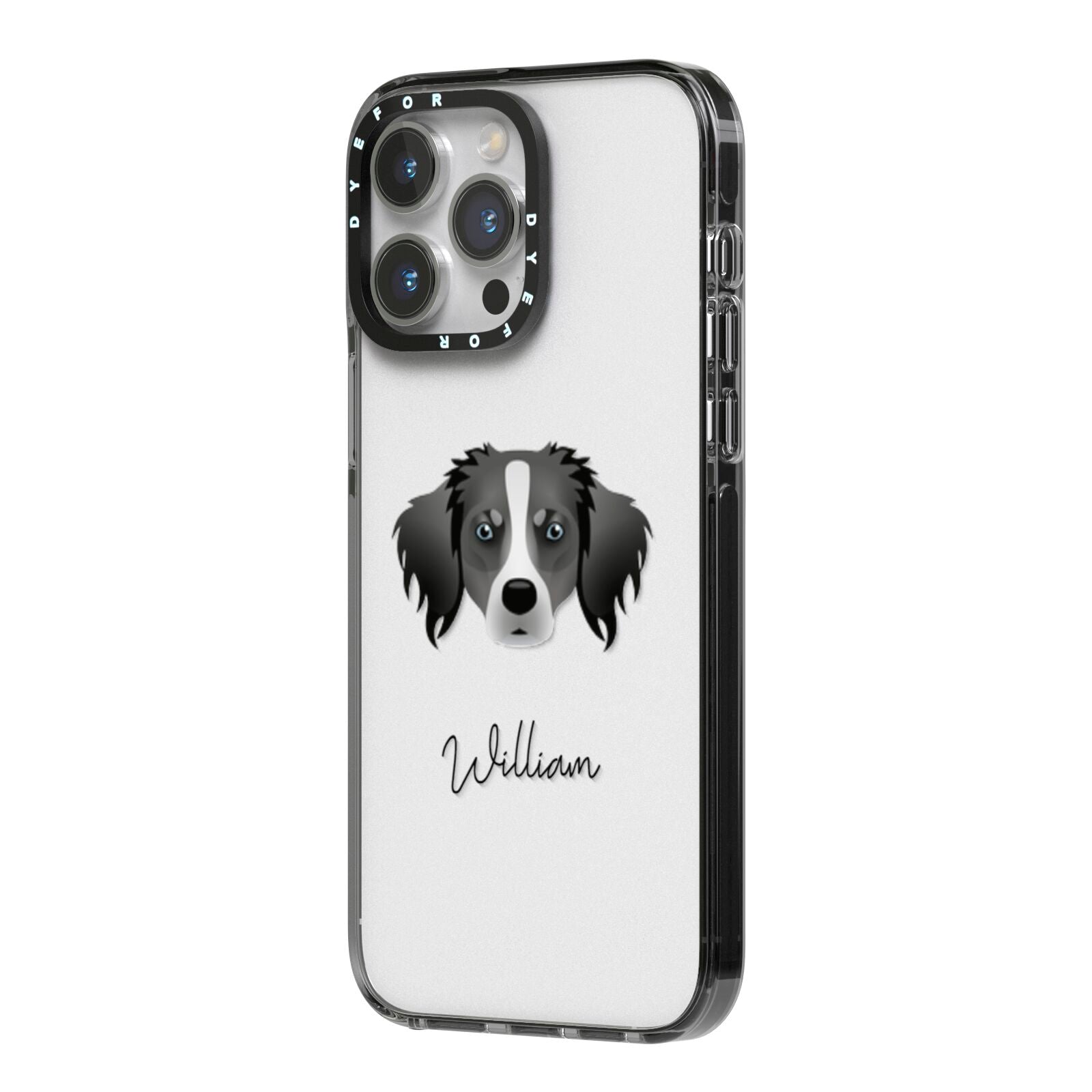 Australian Shepherd Personalised iPhone 14 Pro Max Black Impact Case Side Angle on Silver phone