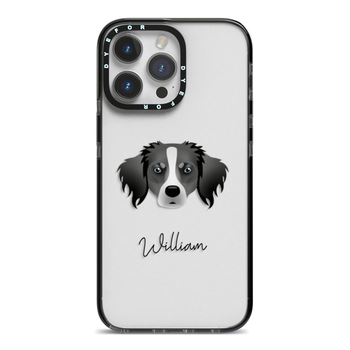 Australian Shepherd Personalised iPhone 14 Pro Max Black Impact Case on Silver phone