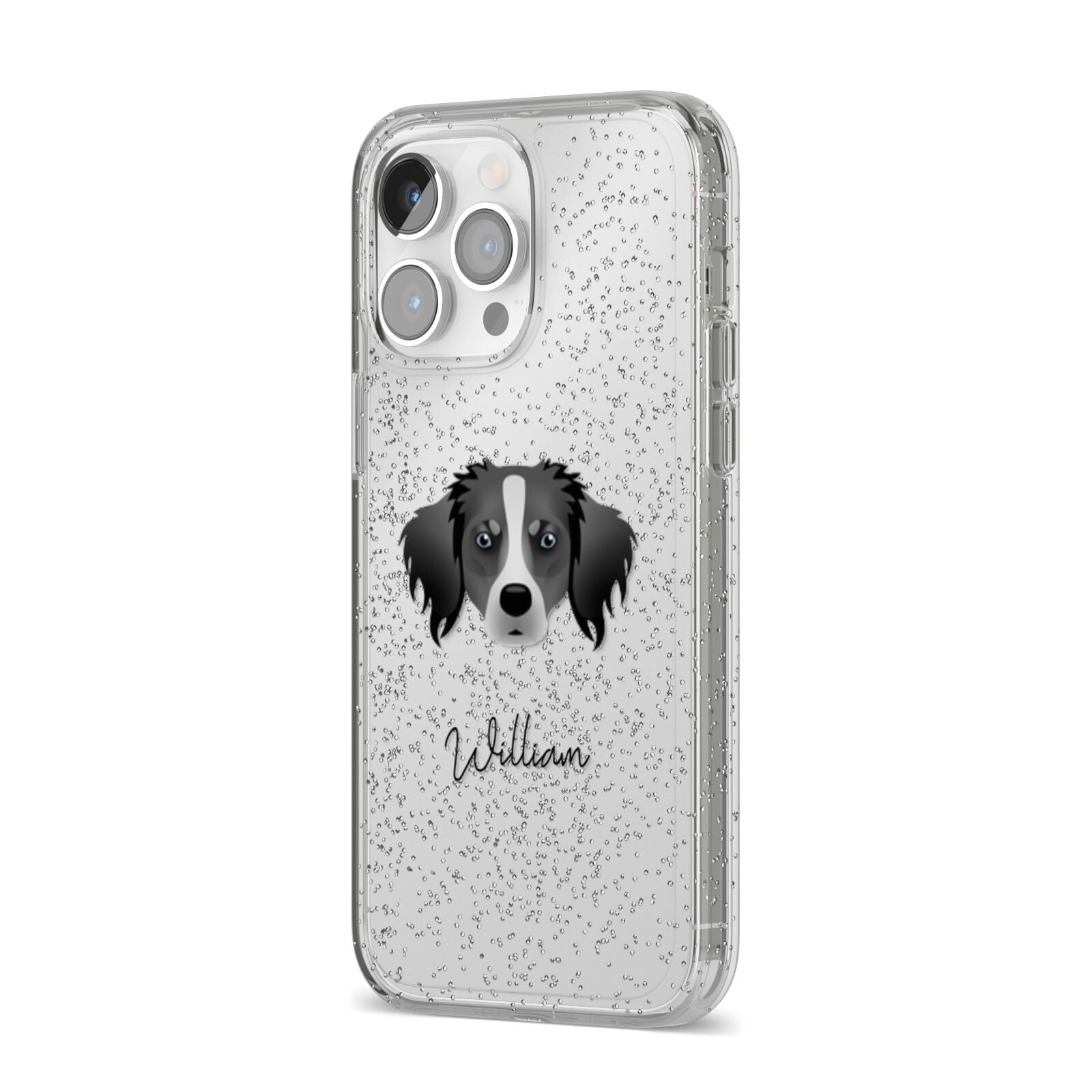 Australian Shepherd Personalised iPhone 14 Pro Max Glitter Tough Case Silver Angled Image