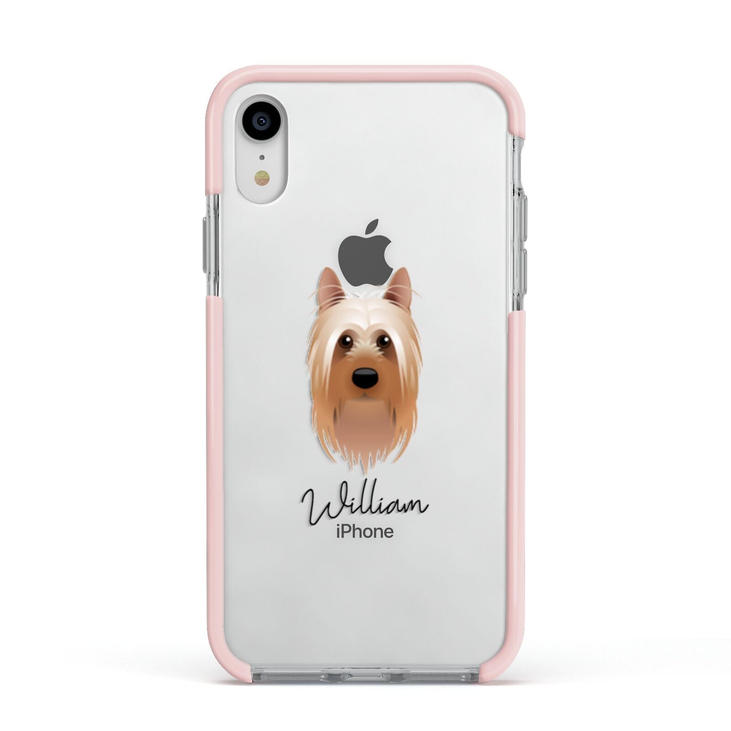 Australian Silky Terrier Personalised Apple iPhone XR Impact Case Pink Edge on Silver Phone