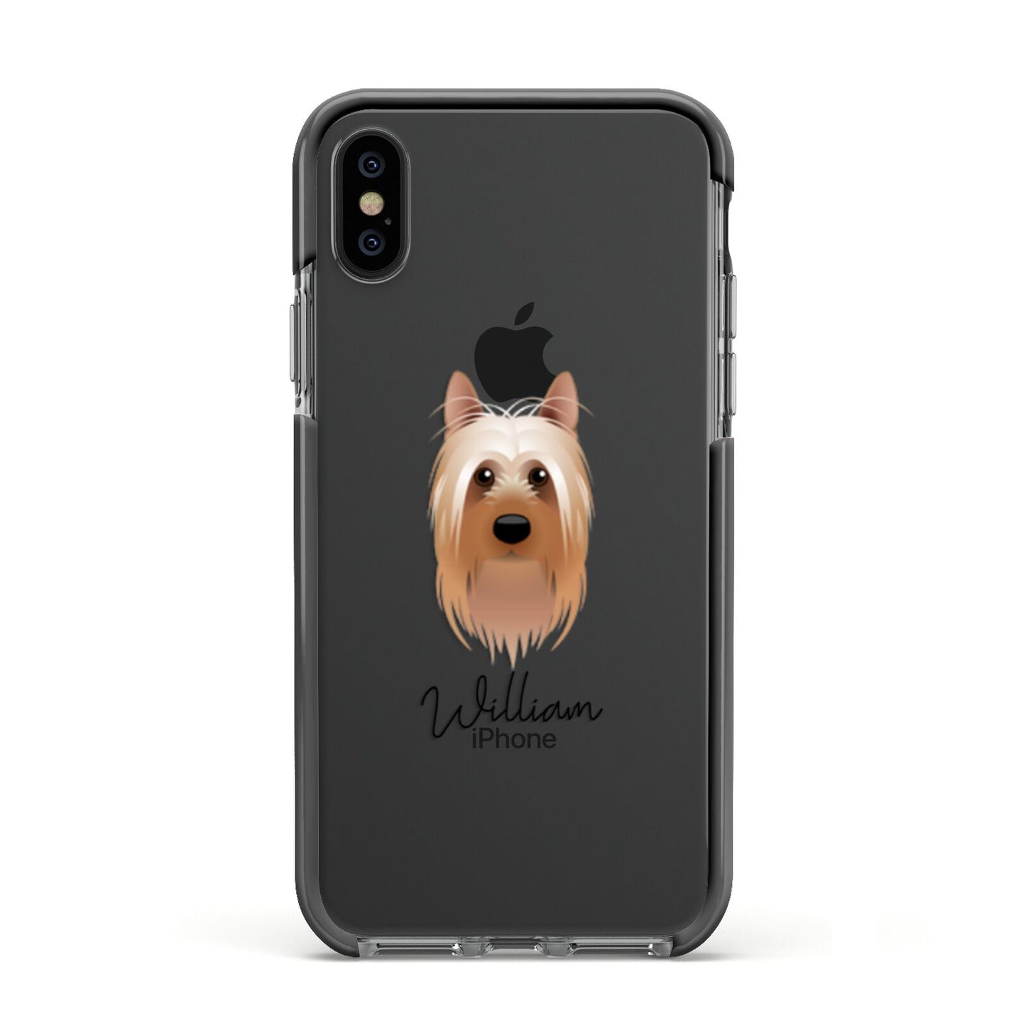 Australian Silky Terrier Personalised Apple iPhone Xs Impact Case Black Edge on Black Phone