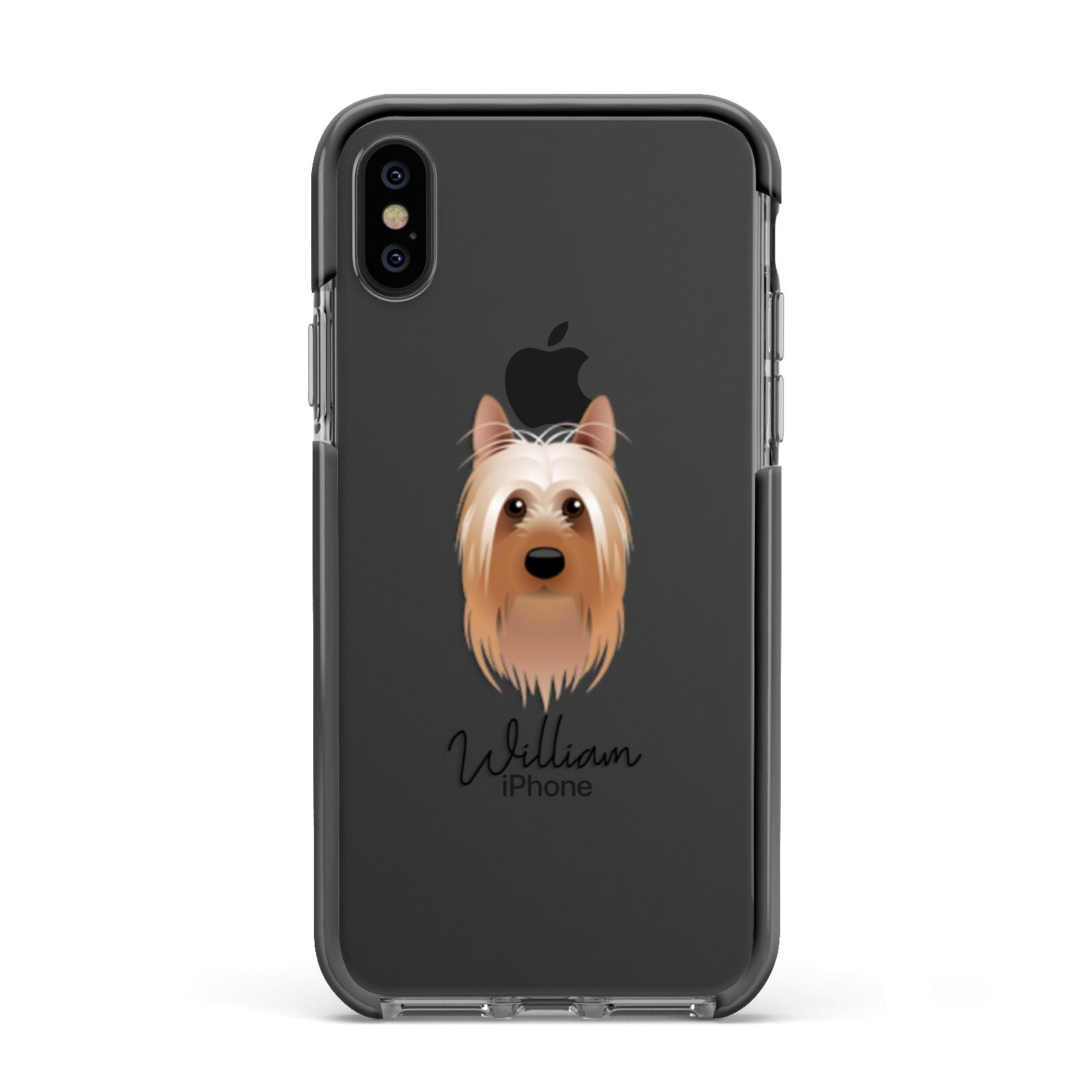 Australian Silky Terrier Personalised Apple iPhone Xs Impact Case Black Edge on Black Phone