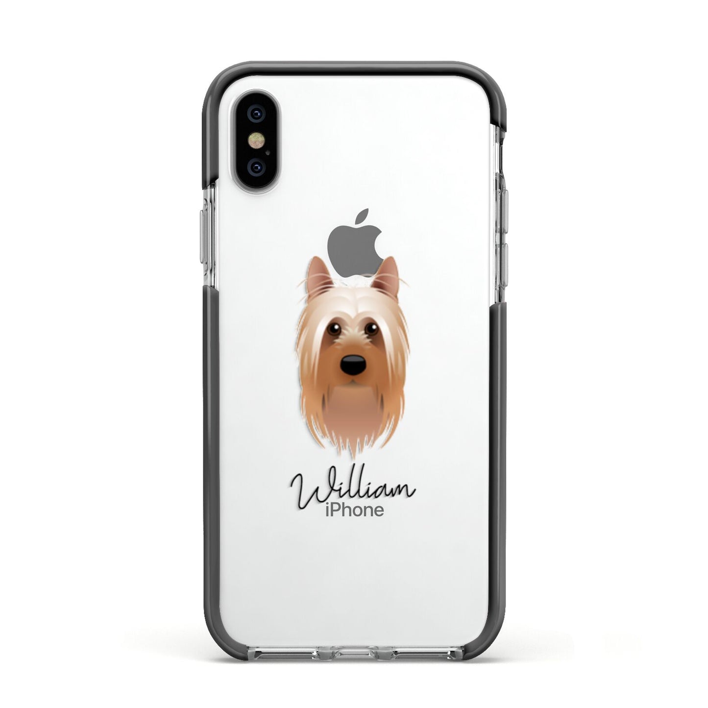 Australian Silky Terrier Personalised Apple iPhone Xs Impact Case Black Edge on Silver Phone