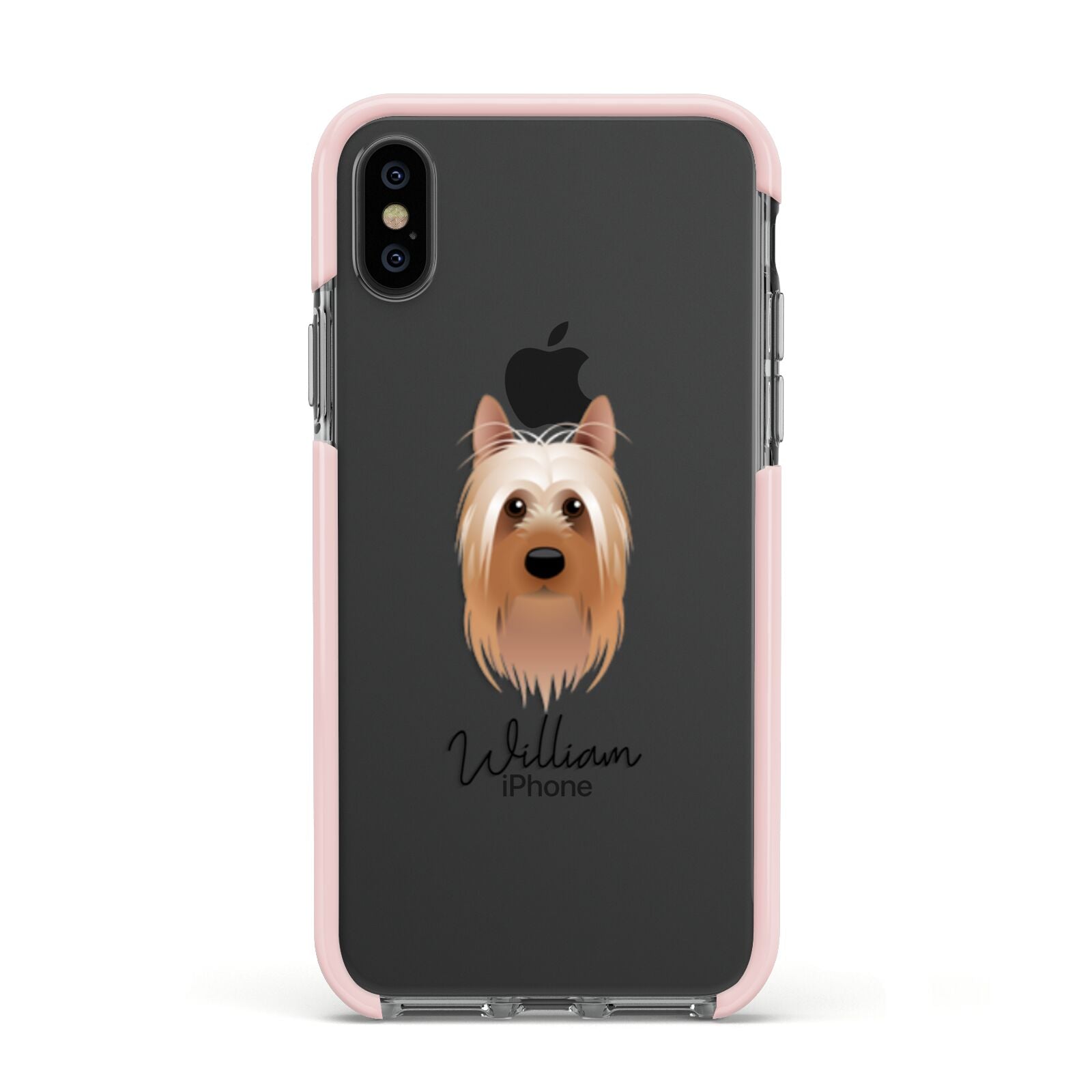 Australian Silky Terrier Personalised Apple iPhone Xs Impact Case Pink Edge on Black Phone