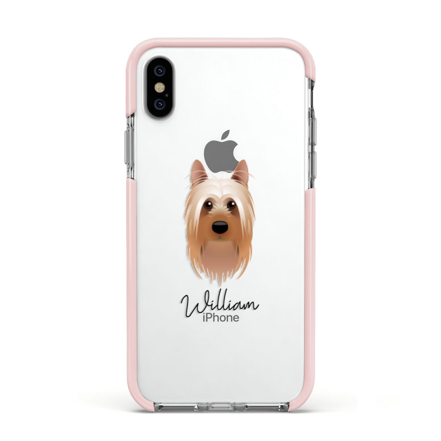 Australian Silky Terrier Personalised Apple iPhone Xs Impact Case Pink Edge on Silver Phone