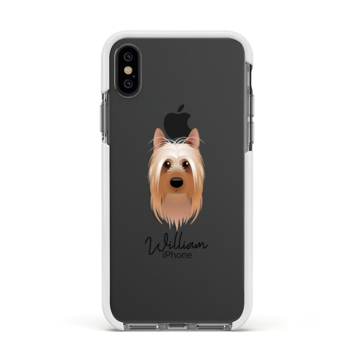 Australian Silky Terrier Personalised Apple iPhone Xs Impact Case White Edge on Black Phone