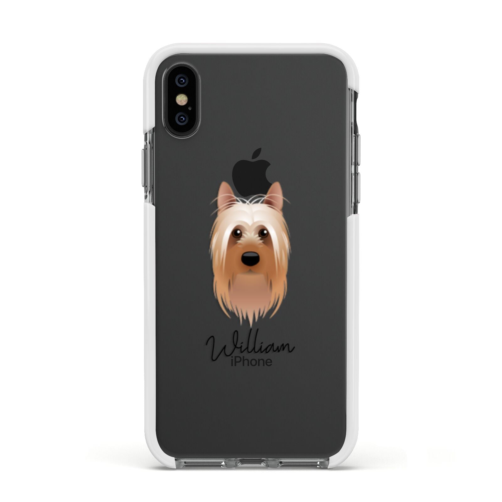 Australian Silky Terrier Personalised Apple iPhone Xs Impact Case White Edge on Black Phone