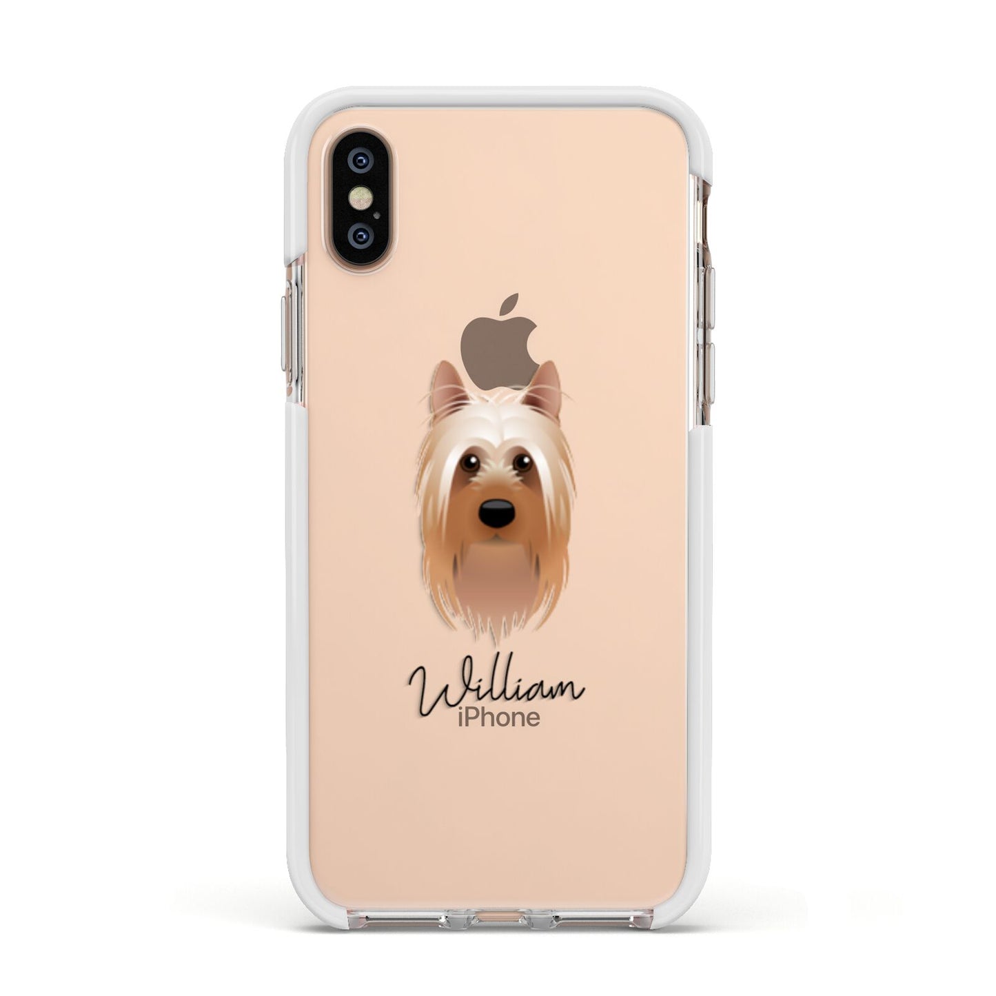 Australian Silky Terrier Personalised Apple iPhone Xs Impact Case White Edge on Gold Phone