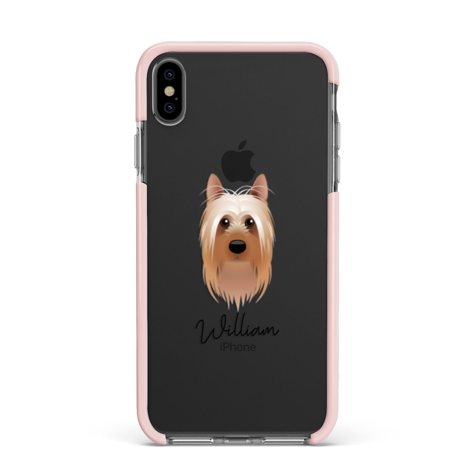 Australian Silky Terrier Personalised Apple iPhone Xs Max Impact Case Pink Edge on Black Phone