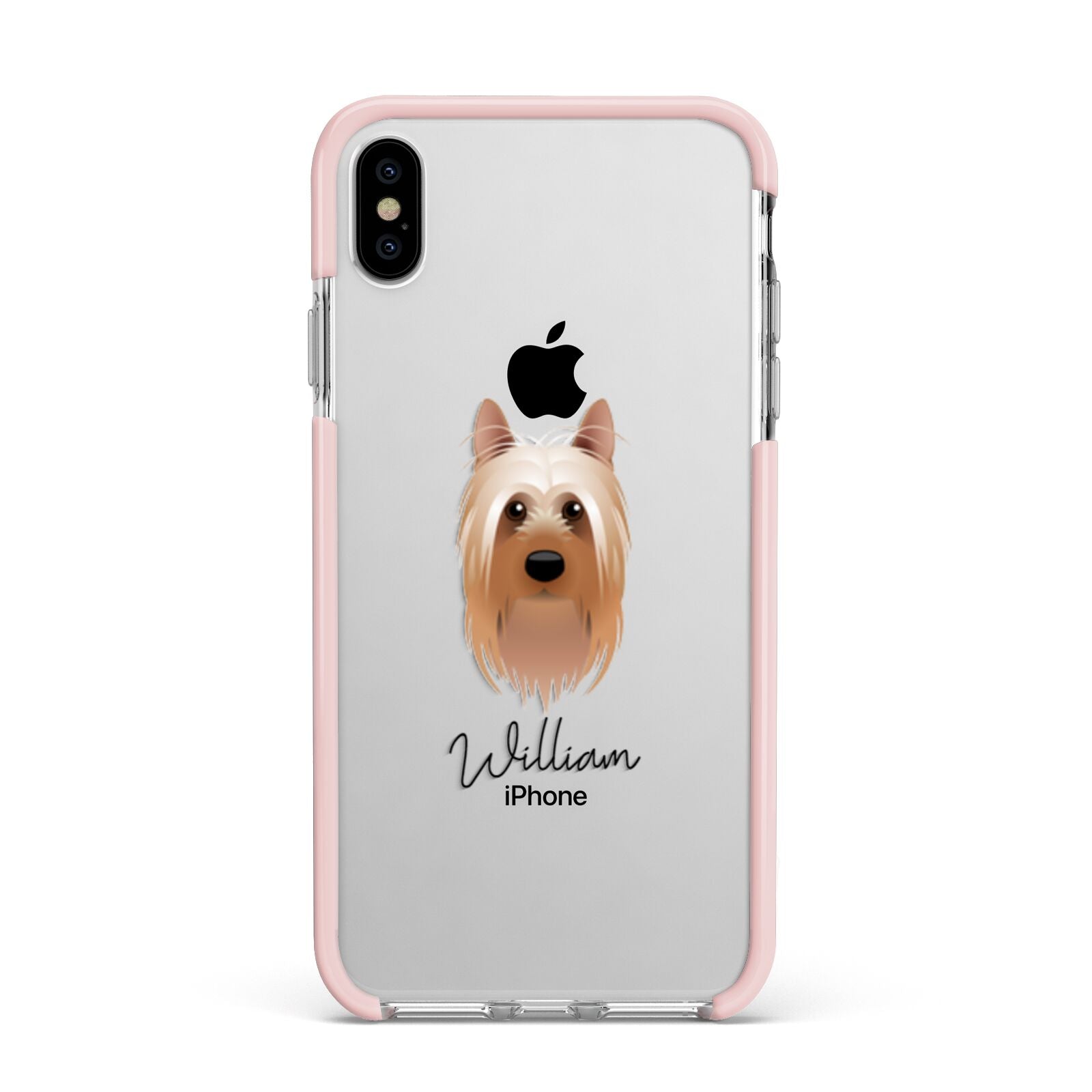 Australian Silky Terrier Personalised Apple iPhone Xs Max Impact Case Pink Edge on Silver Phone