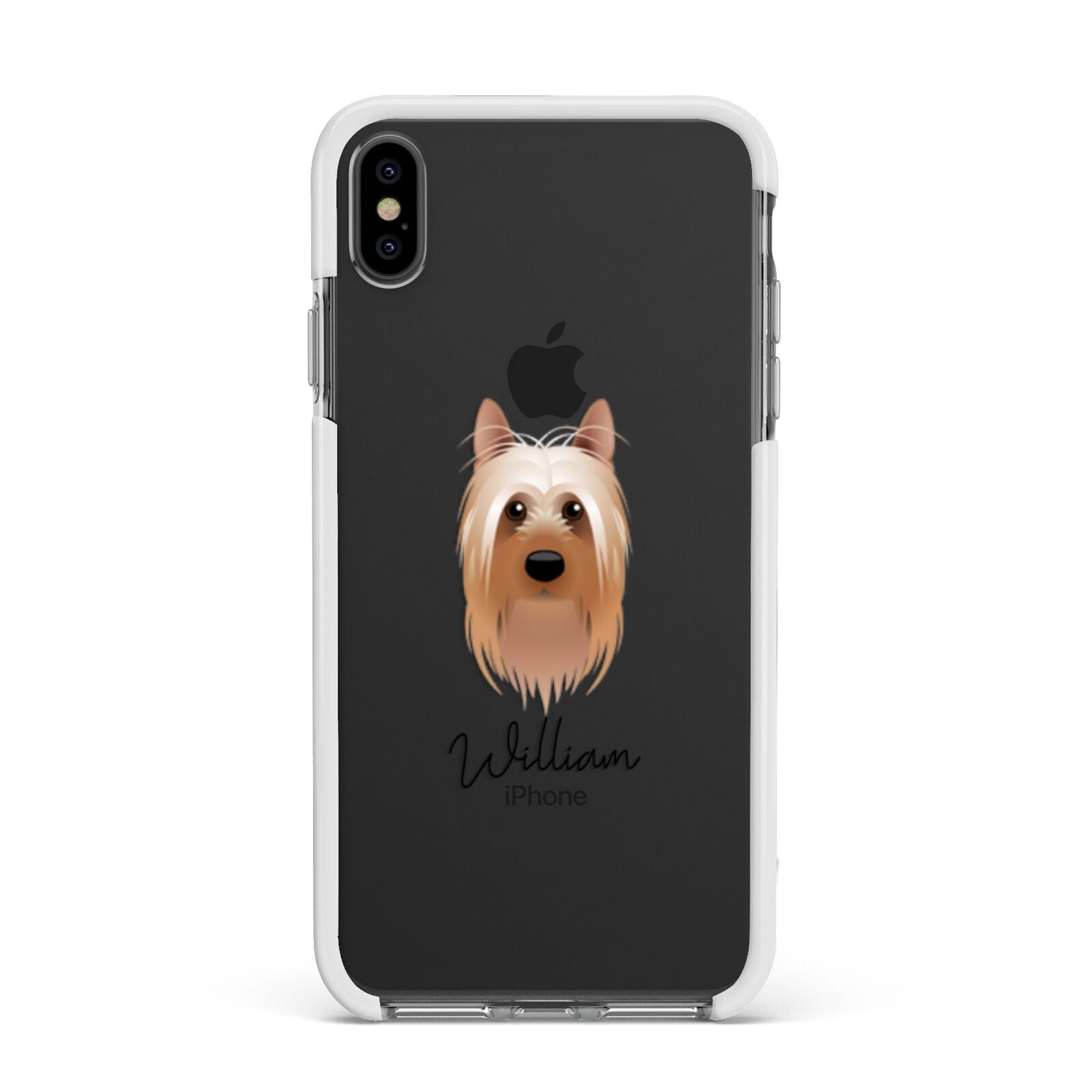 Australian Silky Terrier Personalised Apple iPhone Xs Max Impact Case White Edge on Black Phone