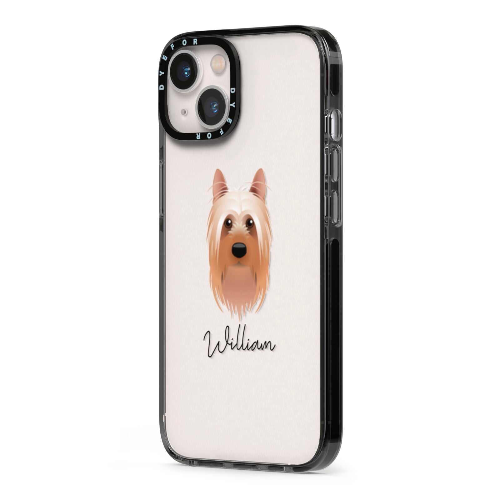 Australian Silky Terrier Personalised iPhone 13 Black Impact Case Side Angle on Silver phone
