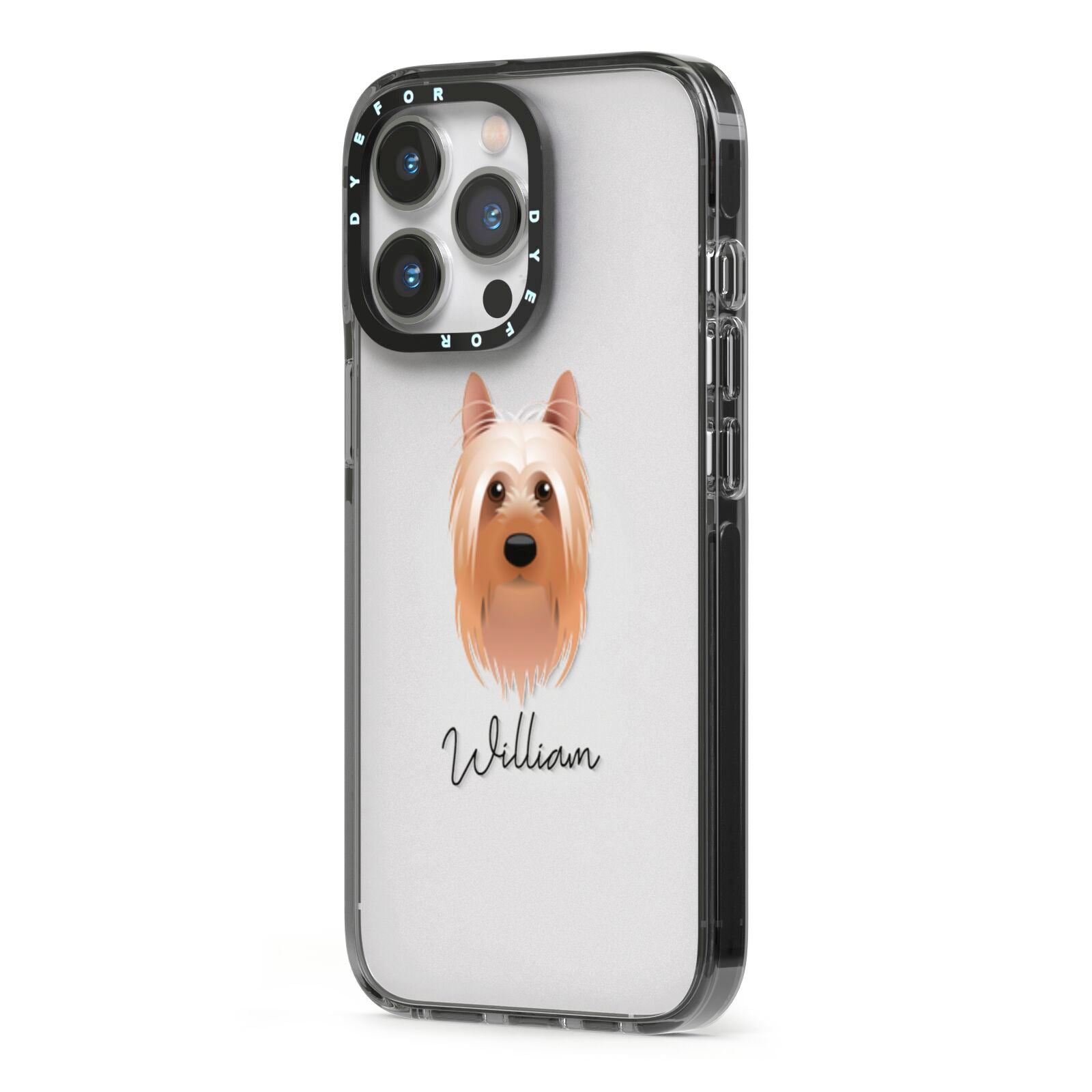 Australian Silky Terrier Personalised iPhone 13 Pro Black Impact Case Side Angle on Silver phone