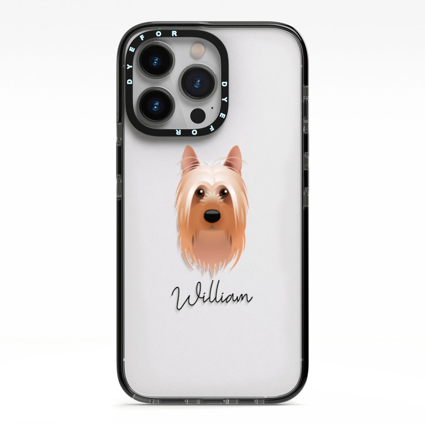 Australian Silky Terrier Personalised iPhone 13 Pro Black Impact Case on Silver phone