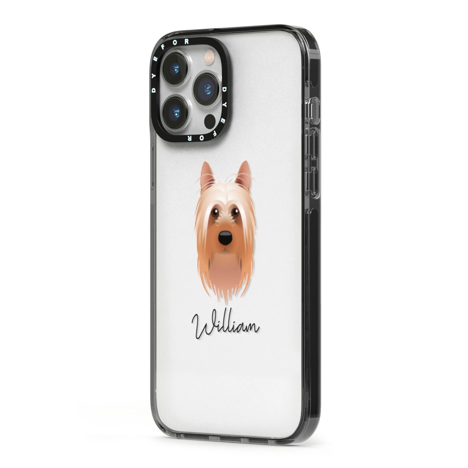 Australian Silky Terrier Personalised iPhone 13 Pro Max Black Impact Case Side Angle on Silver phone