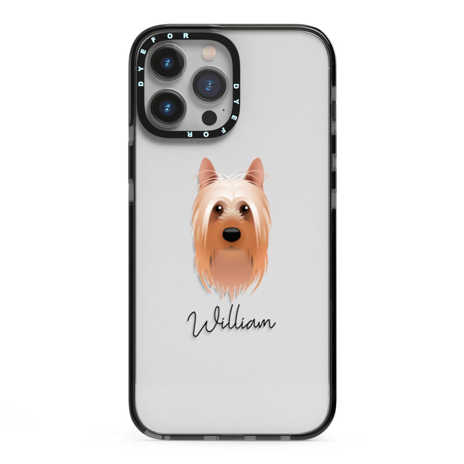 Australian Silky Terrier Personalised iPhone 13 Pro Max Black Impact Case on Silver phone
