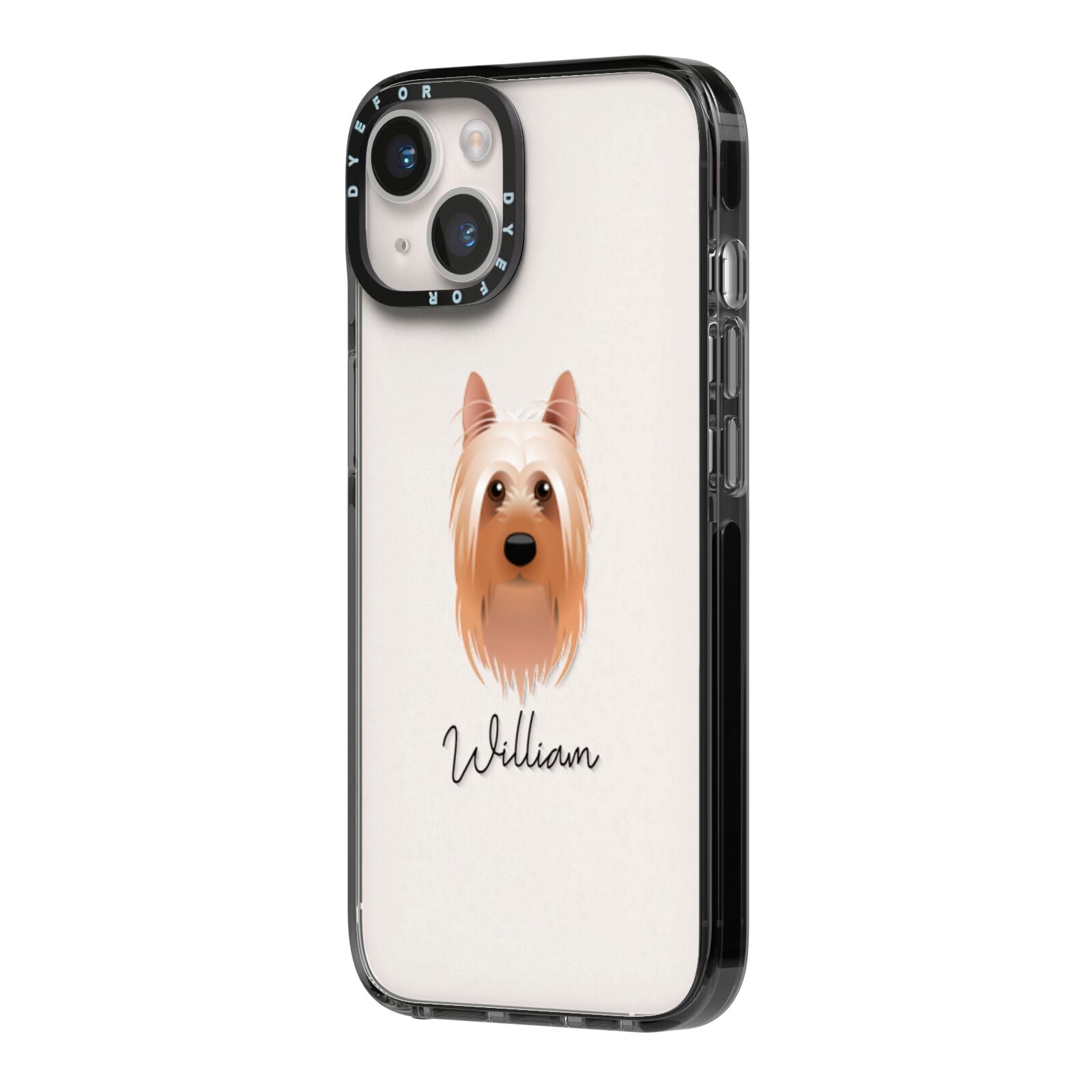 Australian Silky Terrier Personalised iPhone 14 Black Impact Case Side Angle on Silver phone