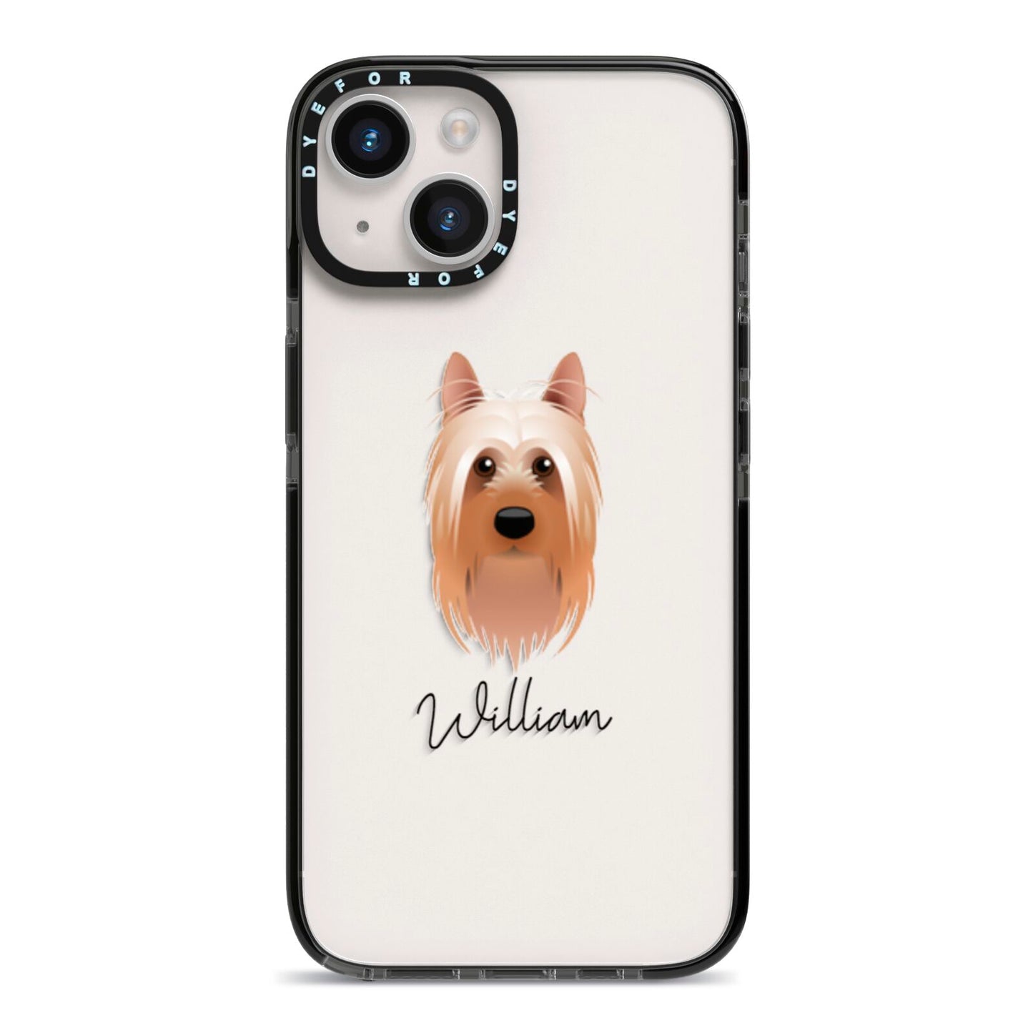 Australian Silky Terrier Personalised iPhone 14 Black Impact Case on Silver phone