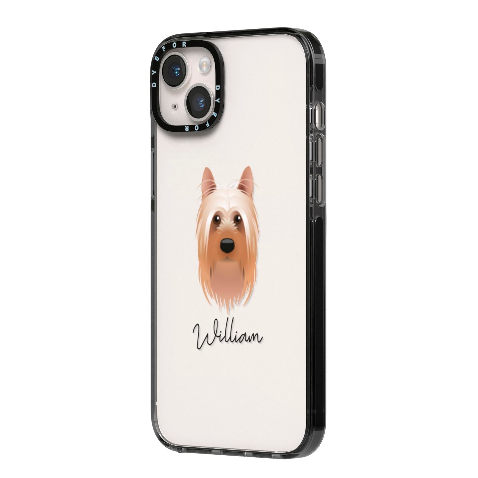 Australian Silky Terrier Personalised iPhone 14 Plus Black Impact Case Side Angle on Silver phone