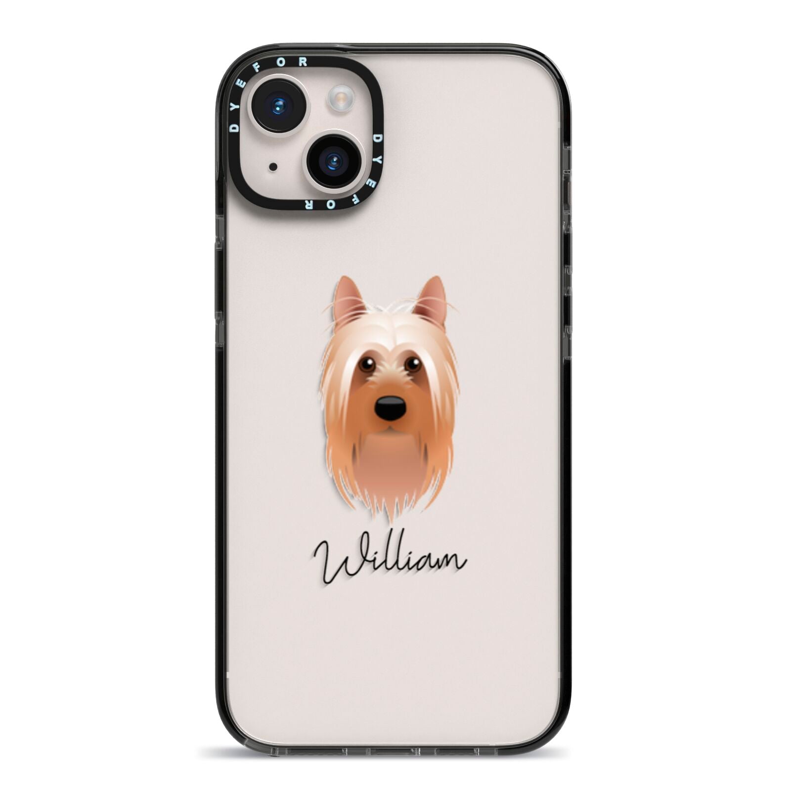Australian Silky Terrier Personalised iPhone 14 Plus Black Impact Case on Silver phone