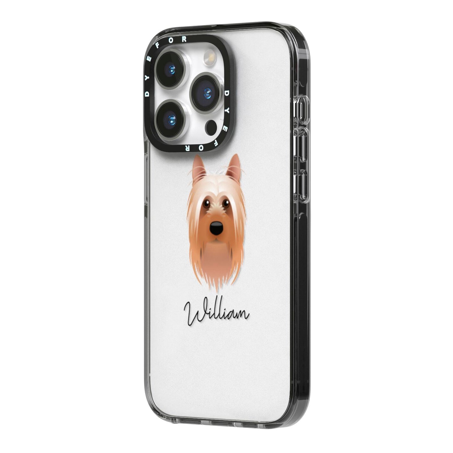 Australian Silky Terrier Personalised iPhone 14 Pro Black Impact Case Side Angle on Silver phone