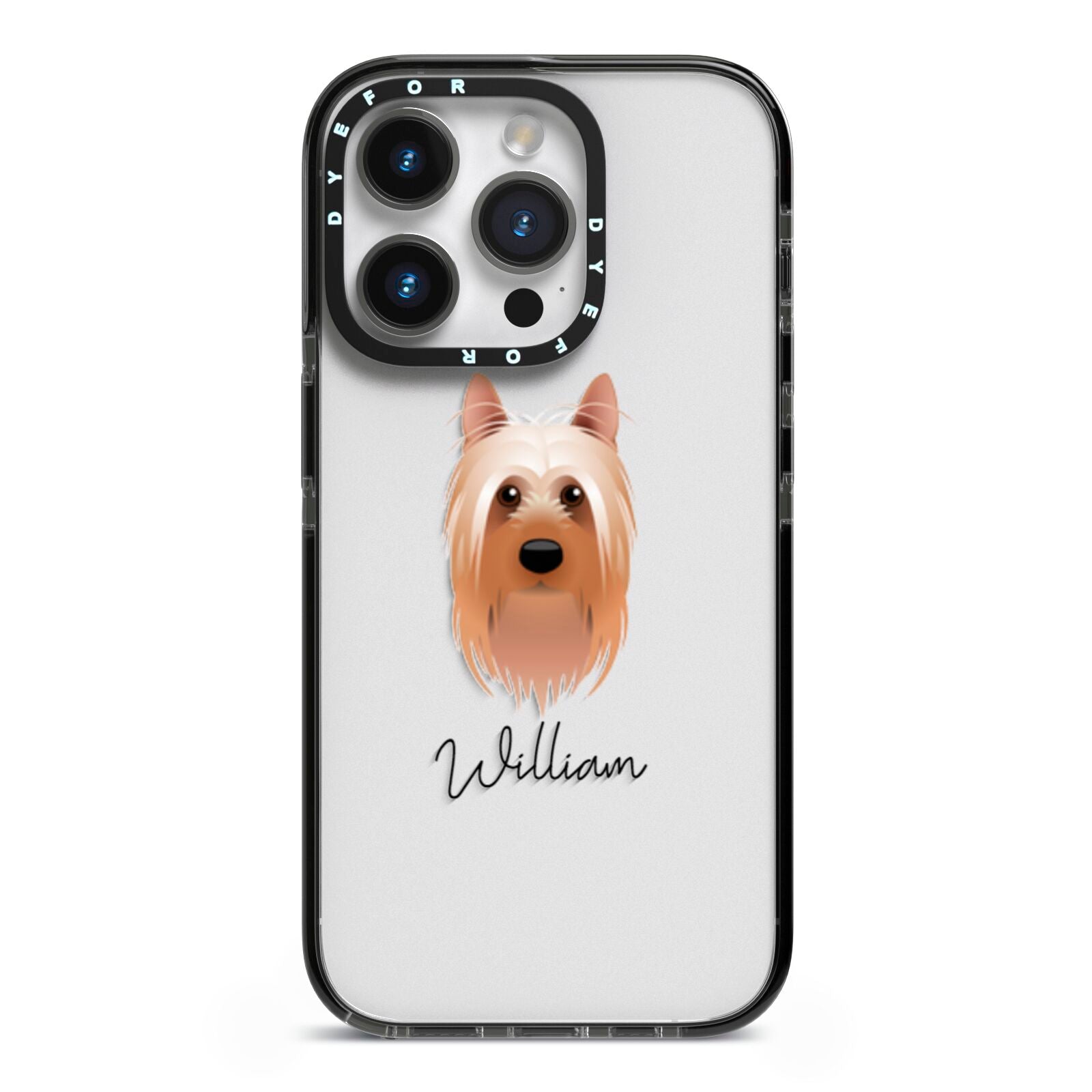 Australian Silky Terrier Personalised iPhone 14 Pro Black Impact Case on Silver phone