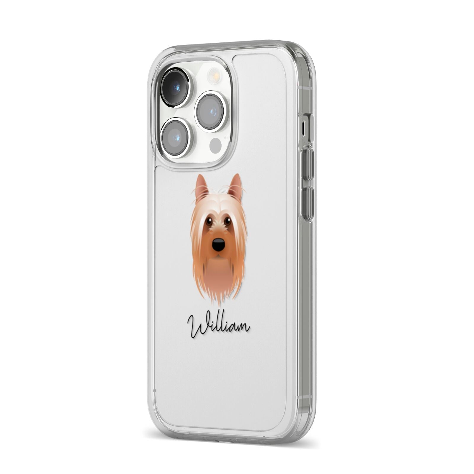 Australian Silky Terrier Personalised iPhone 14 Pro Clear Tough Case Silver Angled Image
