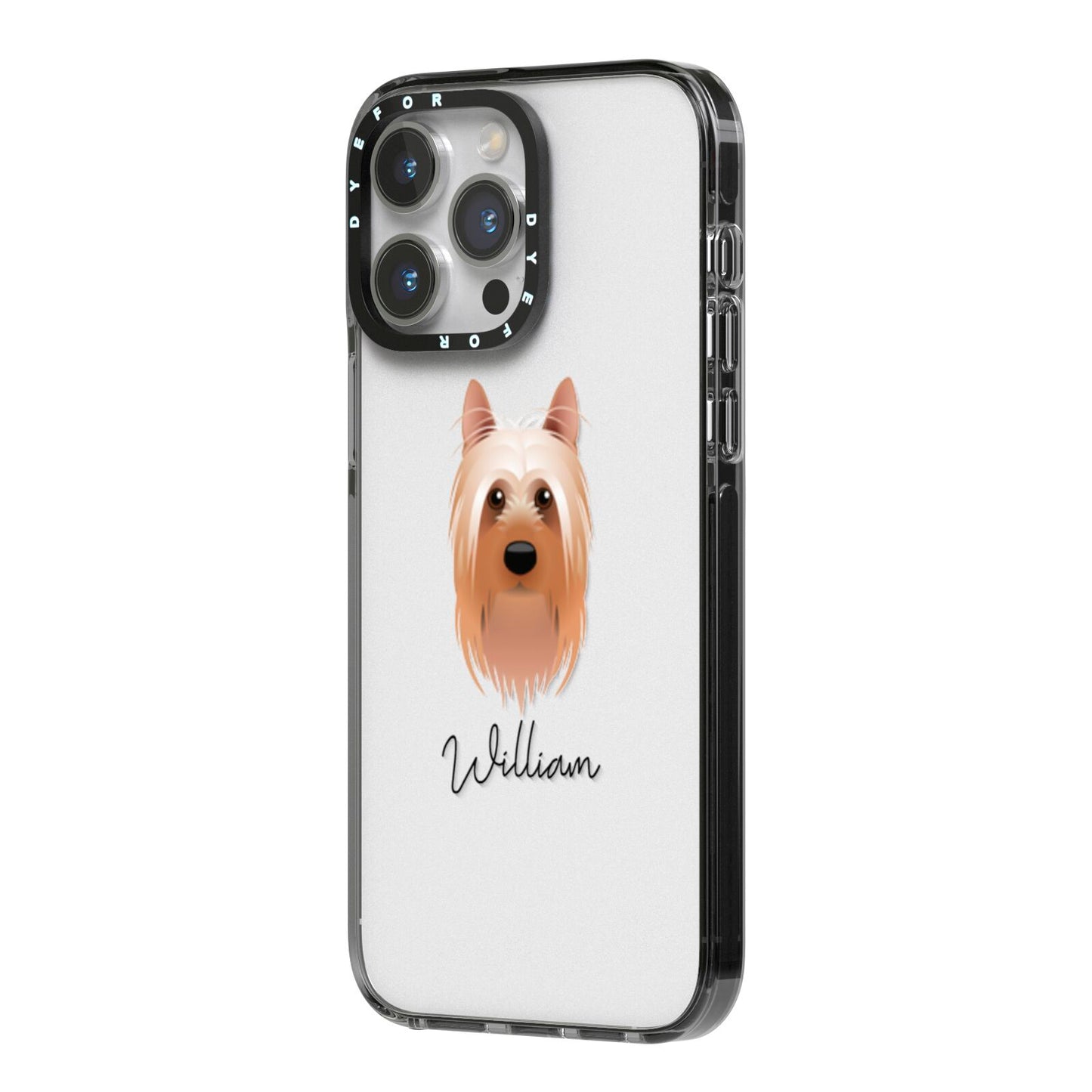 Australian Silky Terrier Personalised iPhone 14 Pro Max Black Impact Case Side Angle on Silver phone