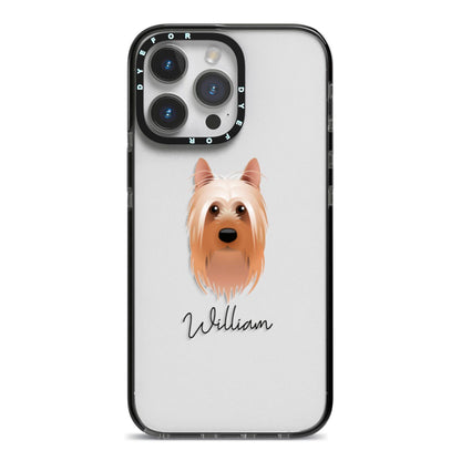 Australian Silky Terrier Personalised iPhone 14 Pro Max Black Impact Case on Silver phone