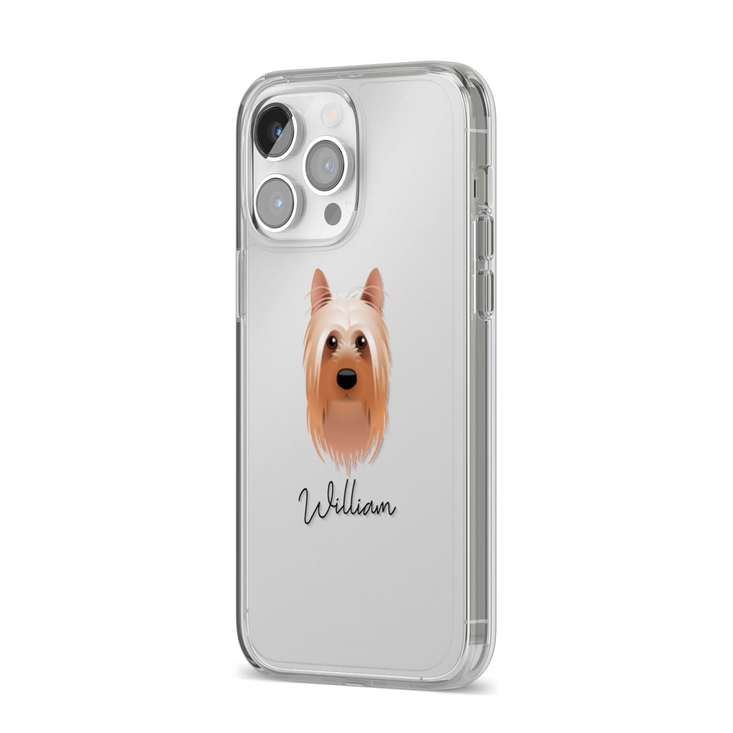 Australian Silky Terrier Personalised iPhone 14 Pro Max Clear Tough Case Silver Angled Image