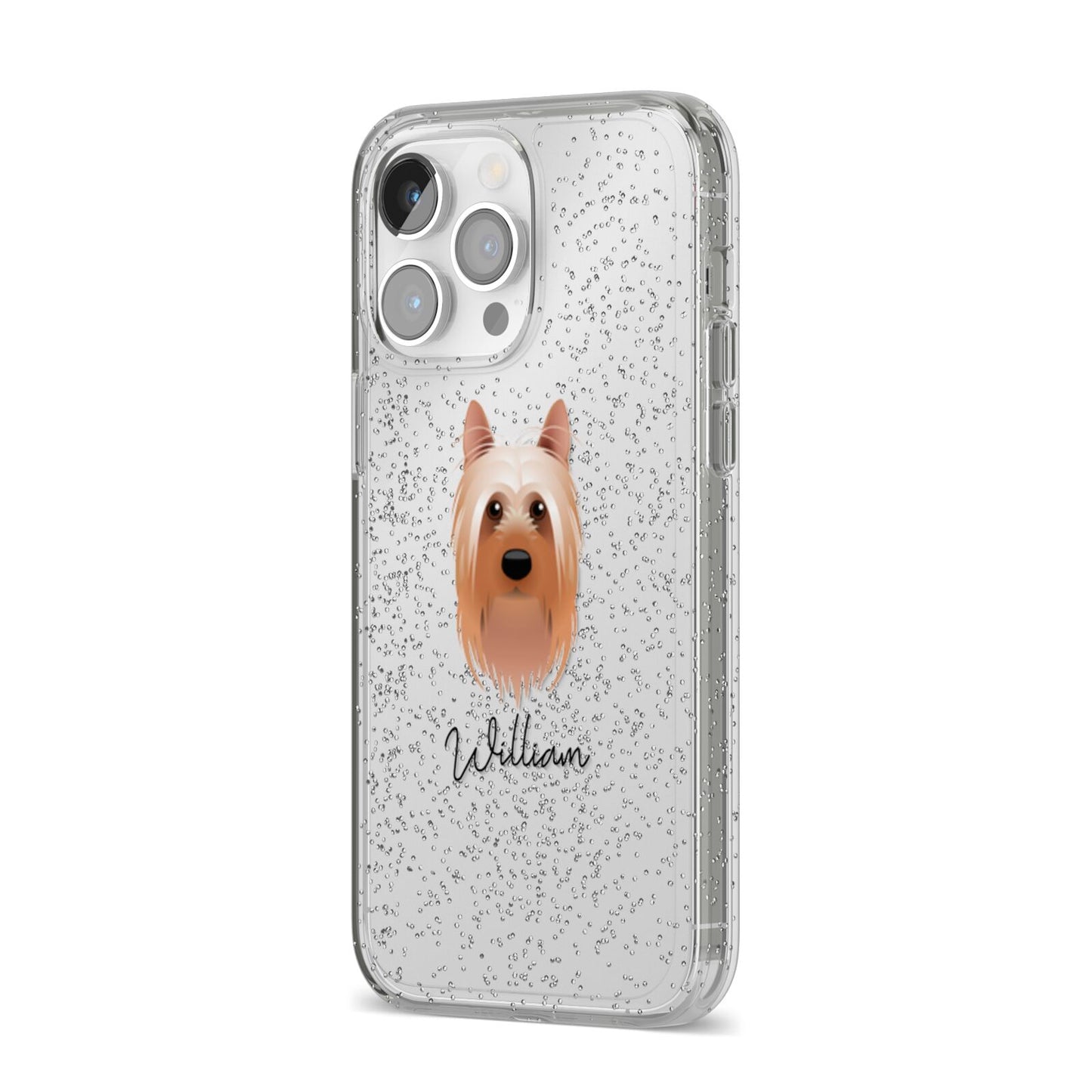 Australian Silky Terrier Personalised iPhone 14 Pro Max Glitter Tough Case Silver Angled Image