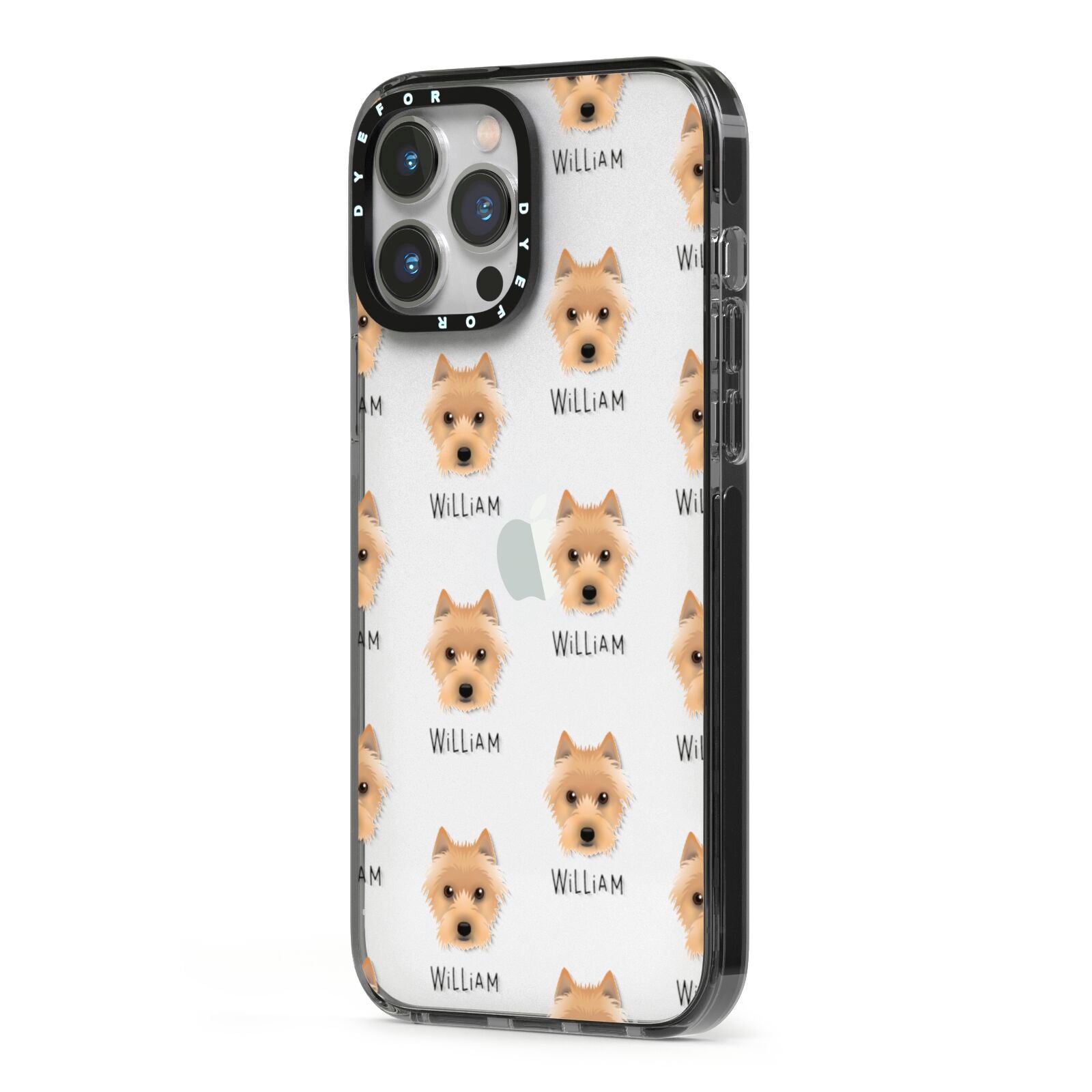 Australian Terrier Icon with Name iPhone 13 Pro Max Black Impact Case Side Angle on Silver phone