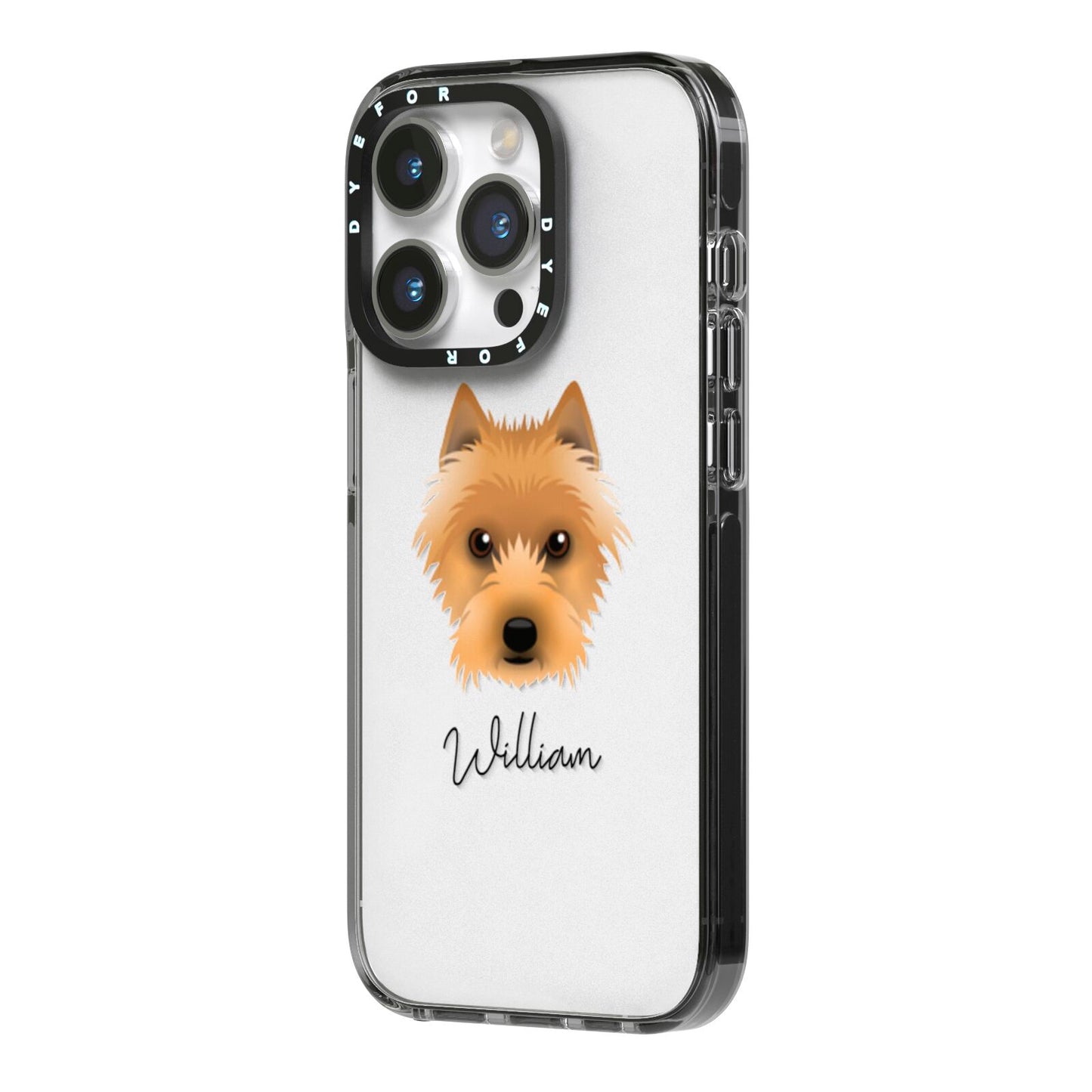 Australian Terrier Personalised iPhone 14 Pro Black Impact Case Side Angle on Silver phone