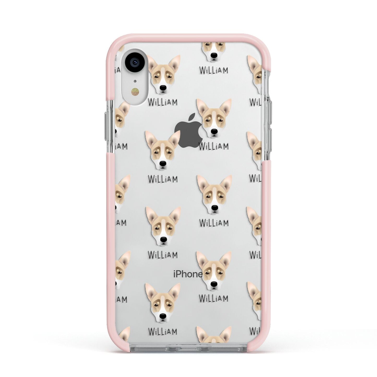 Australian Working Kelpie Icon with Name Apple iPhone XR Impact Case Pink Edge on Silver Phone