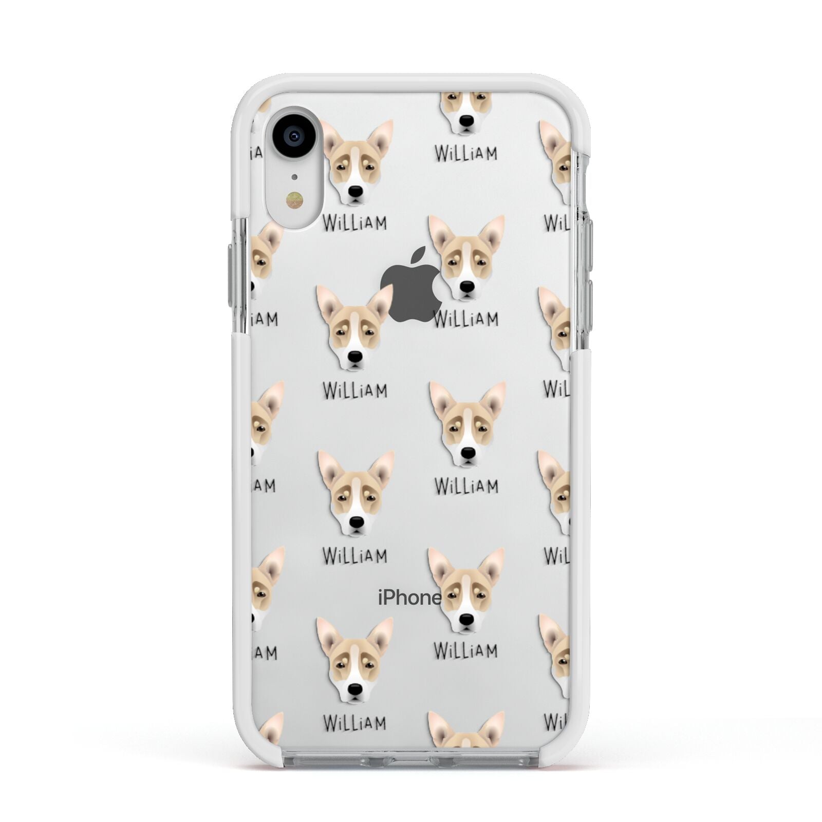 Australian Working Kelpie Icon with Name Apple iPhone XR Impact Case White Edge on Silver Phone
