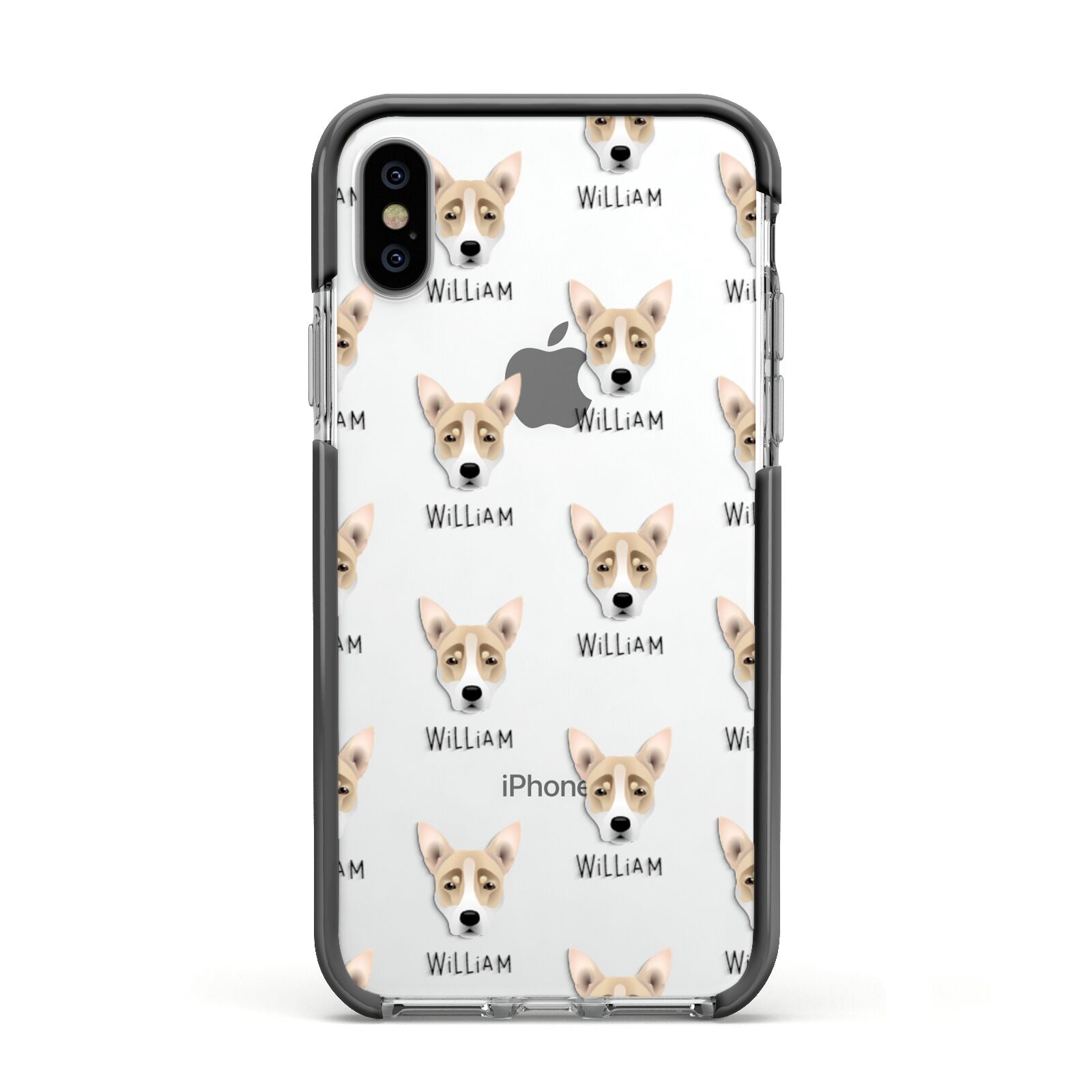 Australian Working Kelpie Icon with Name Apple iPhone Xs Impact Case Black Edge on Silver Phone