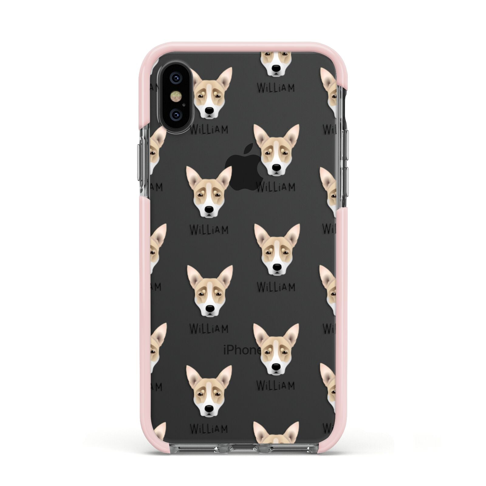 Australian Working Kelpie Icon with Name Apple iPhone Xs Impact Case Pink Edge on Black Phone