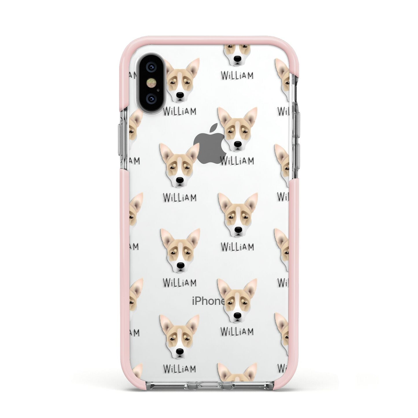 Australian Working Kelpie Icon with Name Apple iPhone Xs Impact Case Pink Edge on Silver Phone