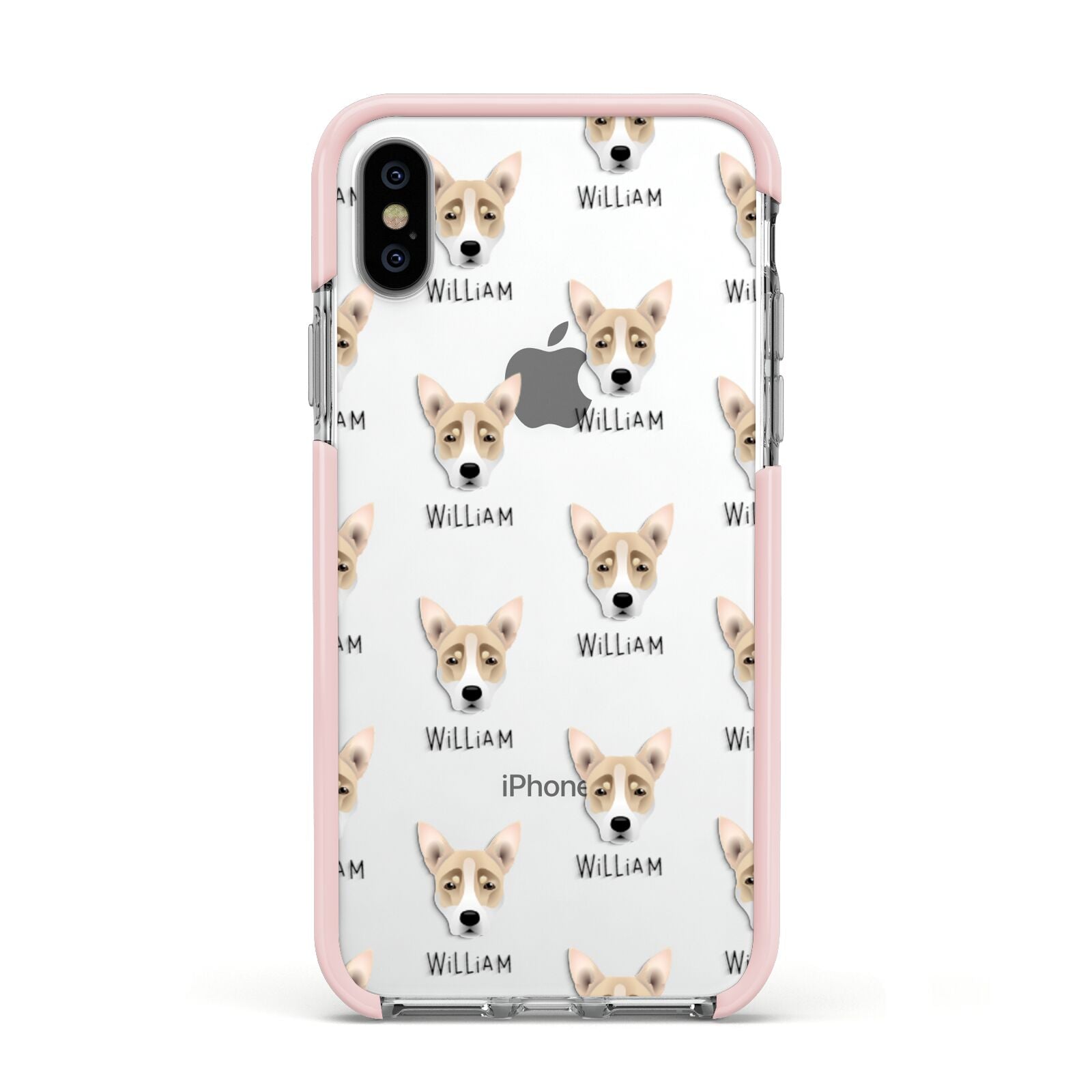 Australian Working Kelpie Icon with Name Apple iPhone Xs Impact Case Pink Edge on Silver Phone